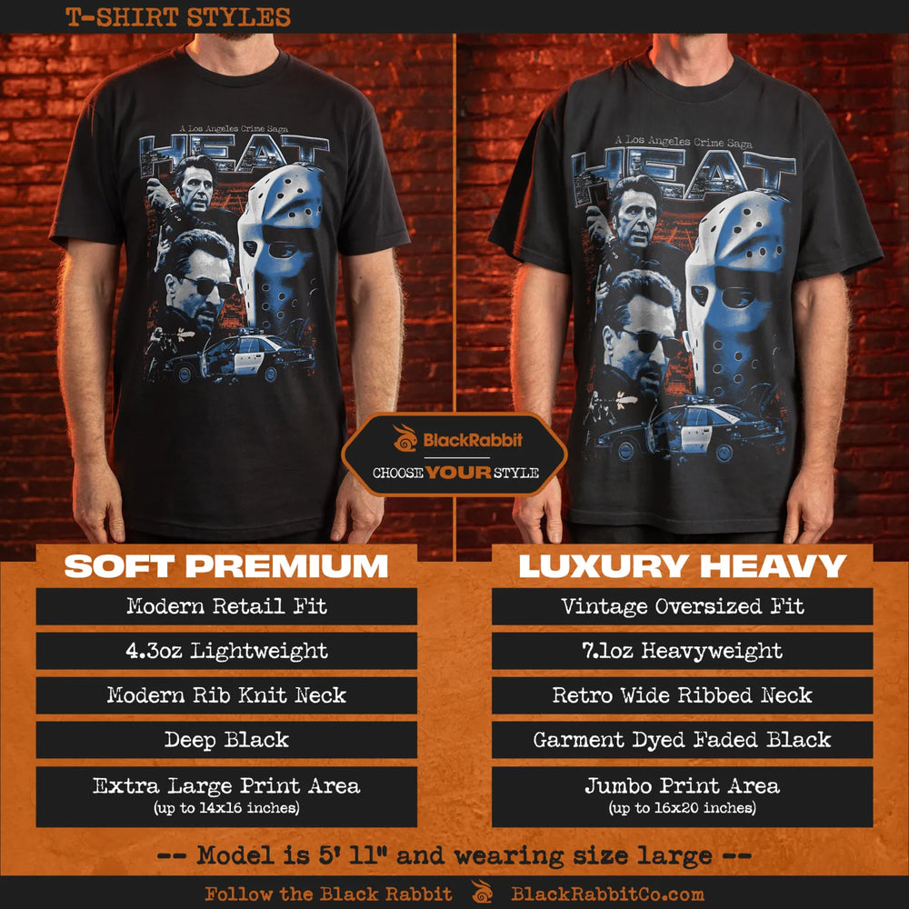 Comparison of two black graphic t-shirt styles.