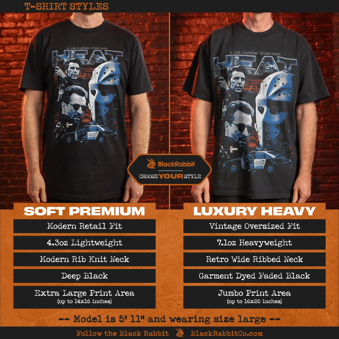 Comparison of two black graphic t-shirt styles.