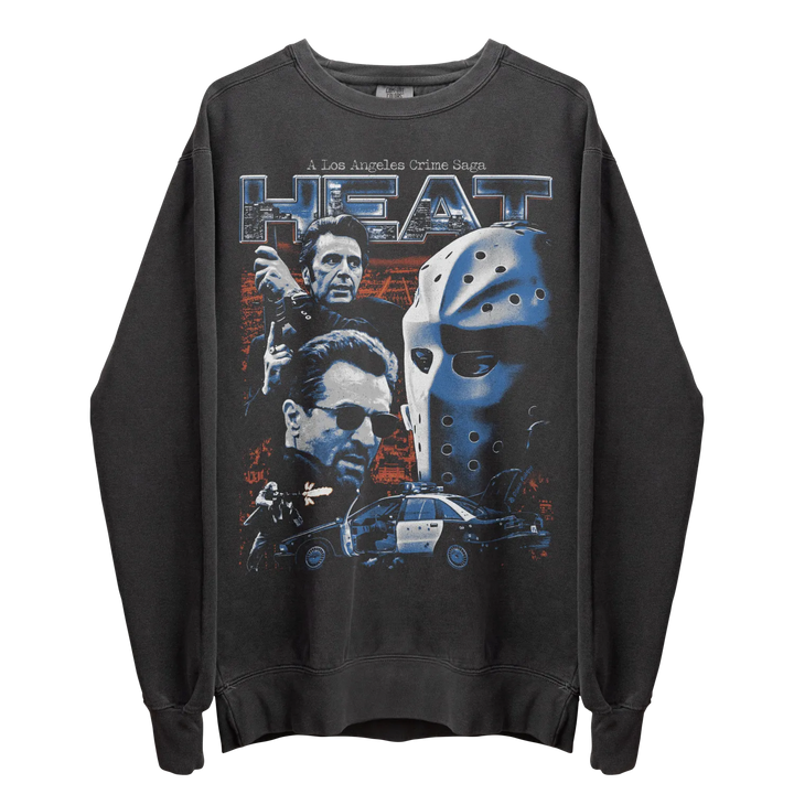 Black long-sleeved crewneck sweatshirt with a graphic print featuring movie characters and a police car.
