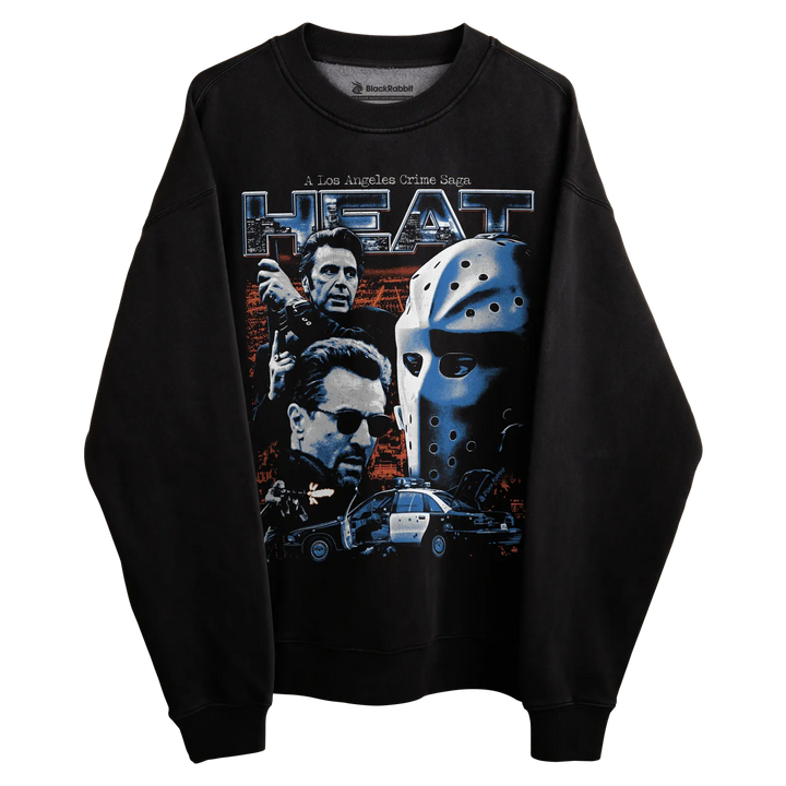 Black sweatshirt with ’heat’ graphic and movie poster design featuring characters from ’heat,’ ’friday the 13th,’ and other films.