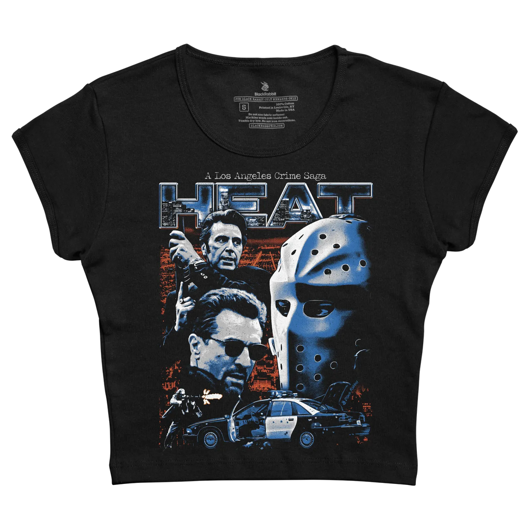 Black short-sleeved t-shirt featuring a graphic print of the movie ’heat’ with actors and a hockey mask.