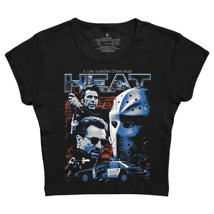 Black short-sleeved t-shirt featuring a graphic print of the movie ’heat’ with actors and a hockey mask.