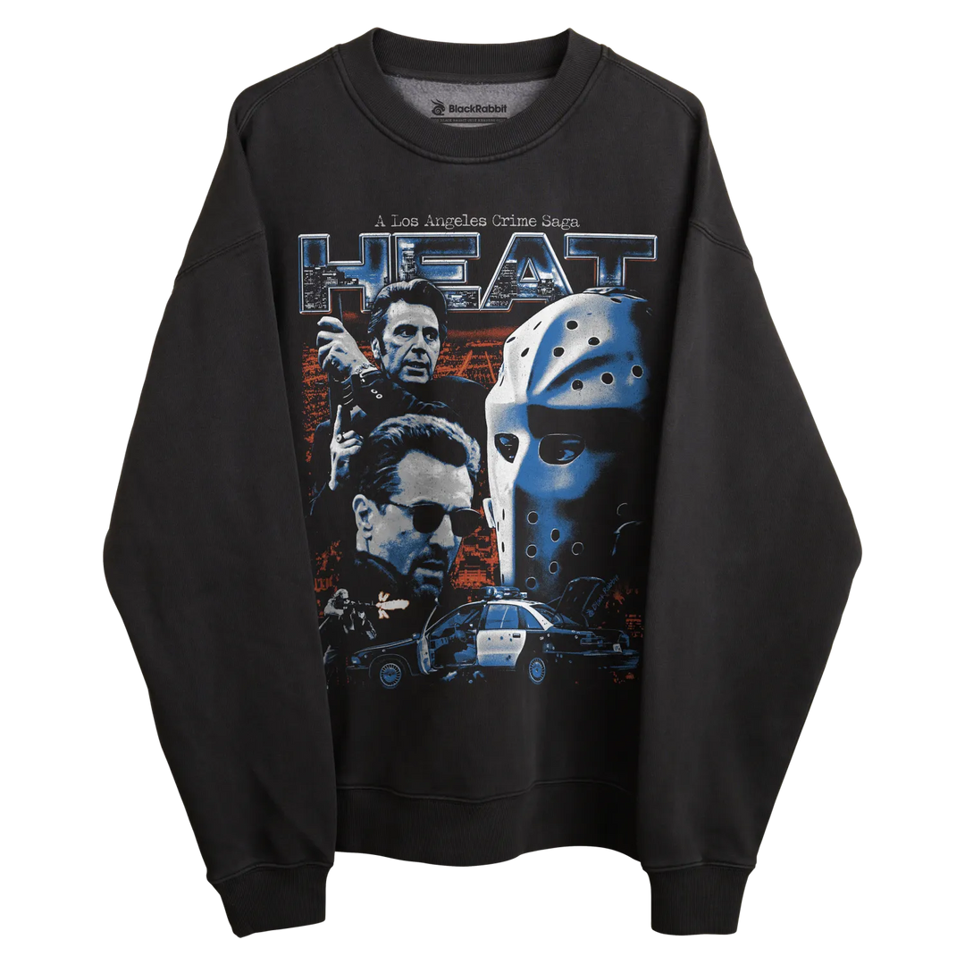 Heat sweatshirt with movie poster design, black background and white text.