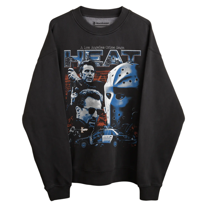 Heat sweatshirt with movie poster design, black background and white text.