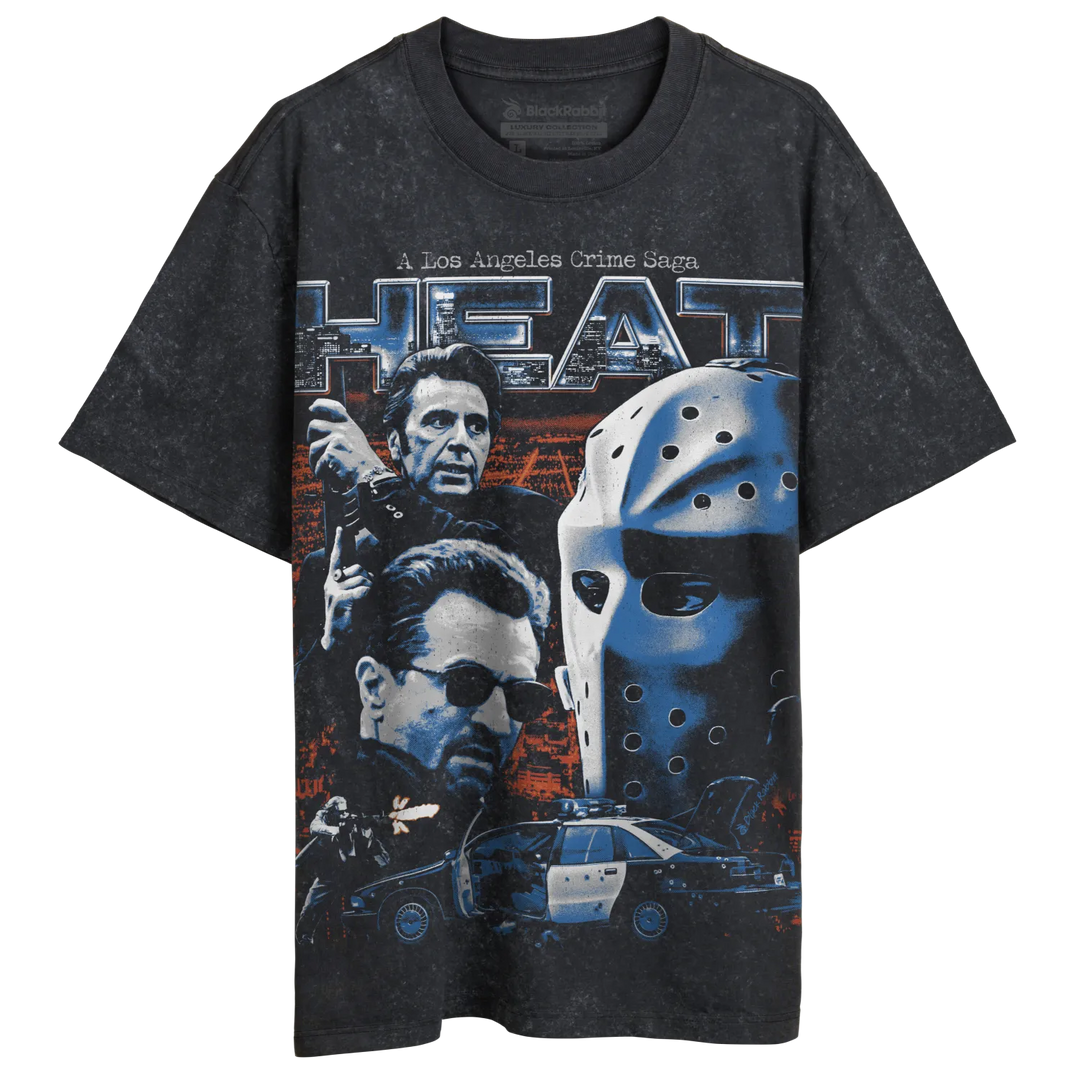 Gray crew-neck t-shirt with a ’Heat’ movie graphic print.