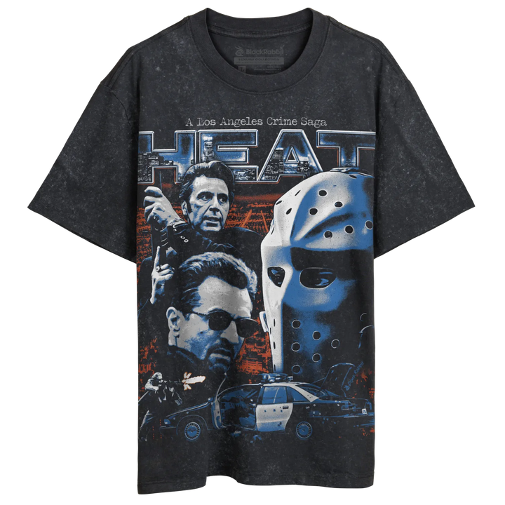 Gray crew-neck t-shirt with a ’Heat’ movie graphic print.