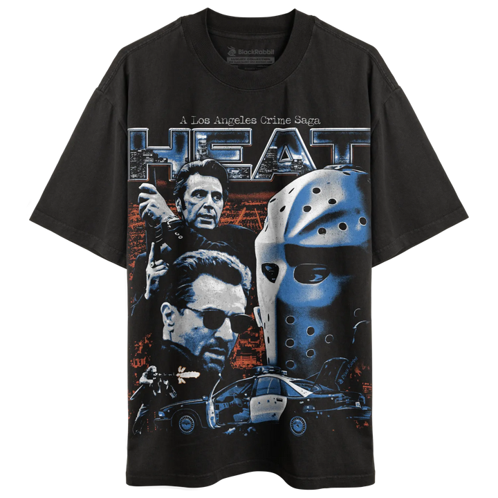 Black t-shirt with a ’Heat: A Los Angeles Crime Saga’ graphic featuring Al Pacino, Robert De Niro, a hockey mask, and a police car.