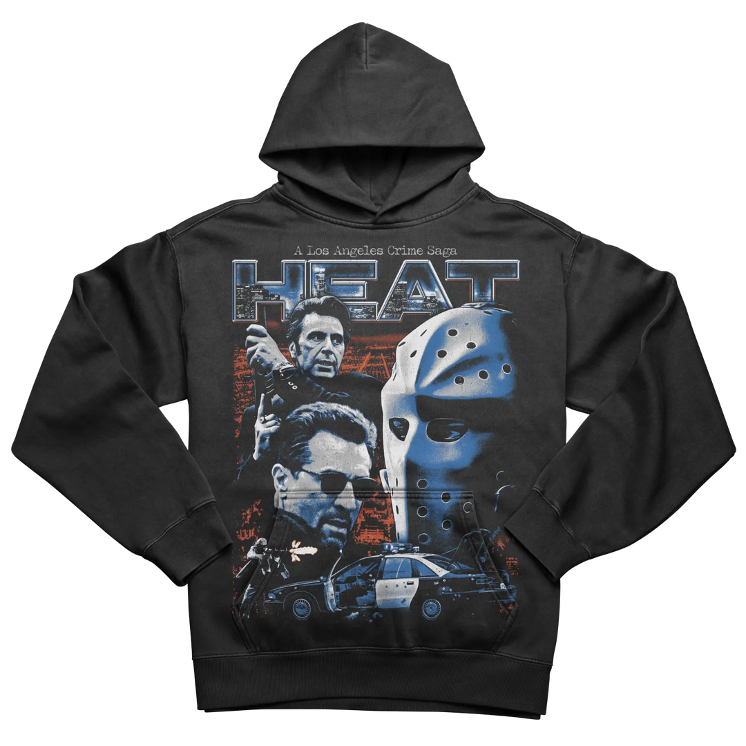 Black hoodie with ’Heat’ movie poster graphics.