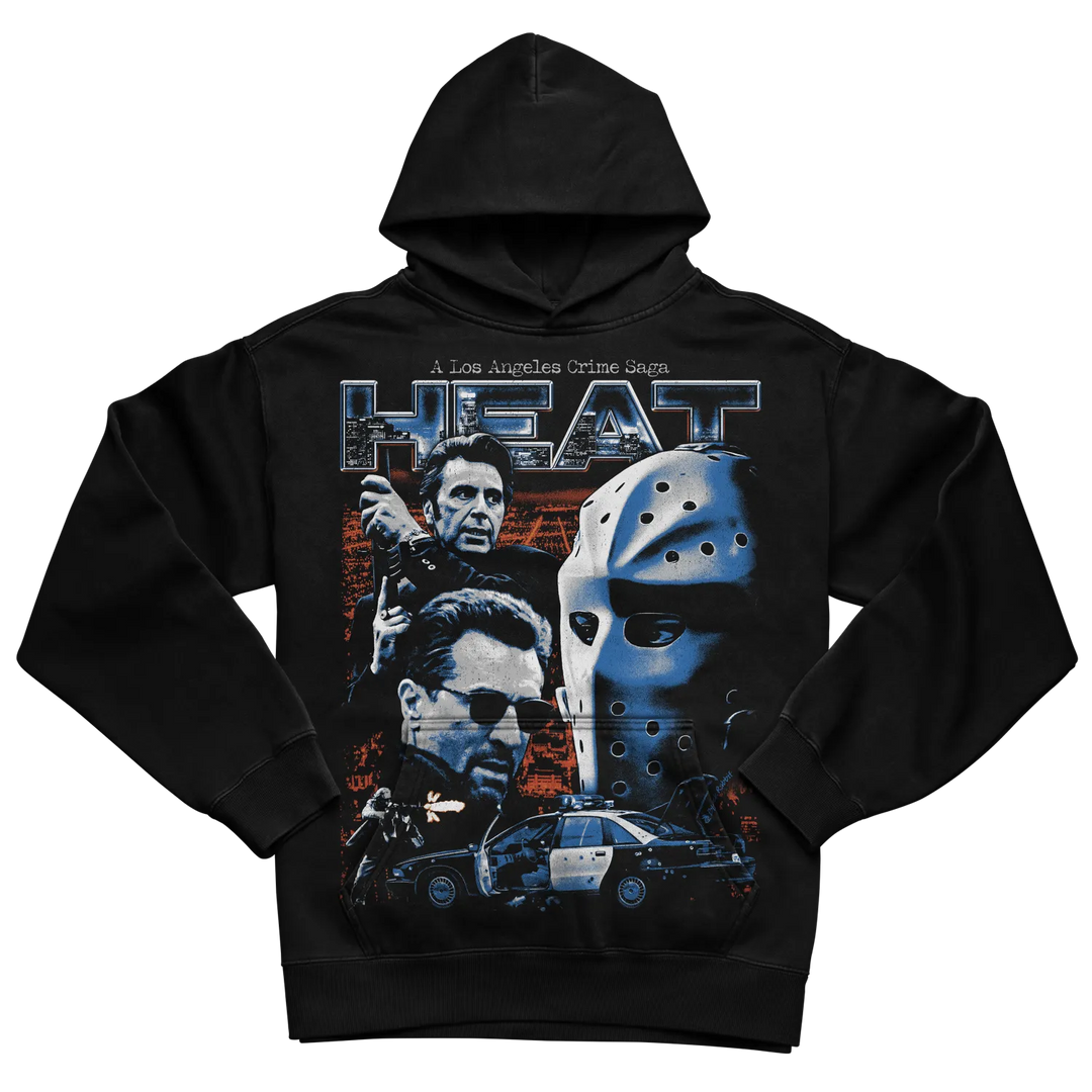 Heat hoodie with graphic design featuring characters and vehicles from the movie heat, black material.