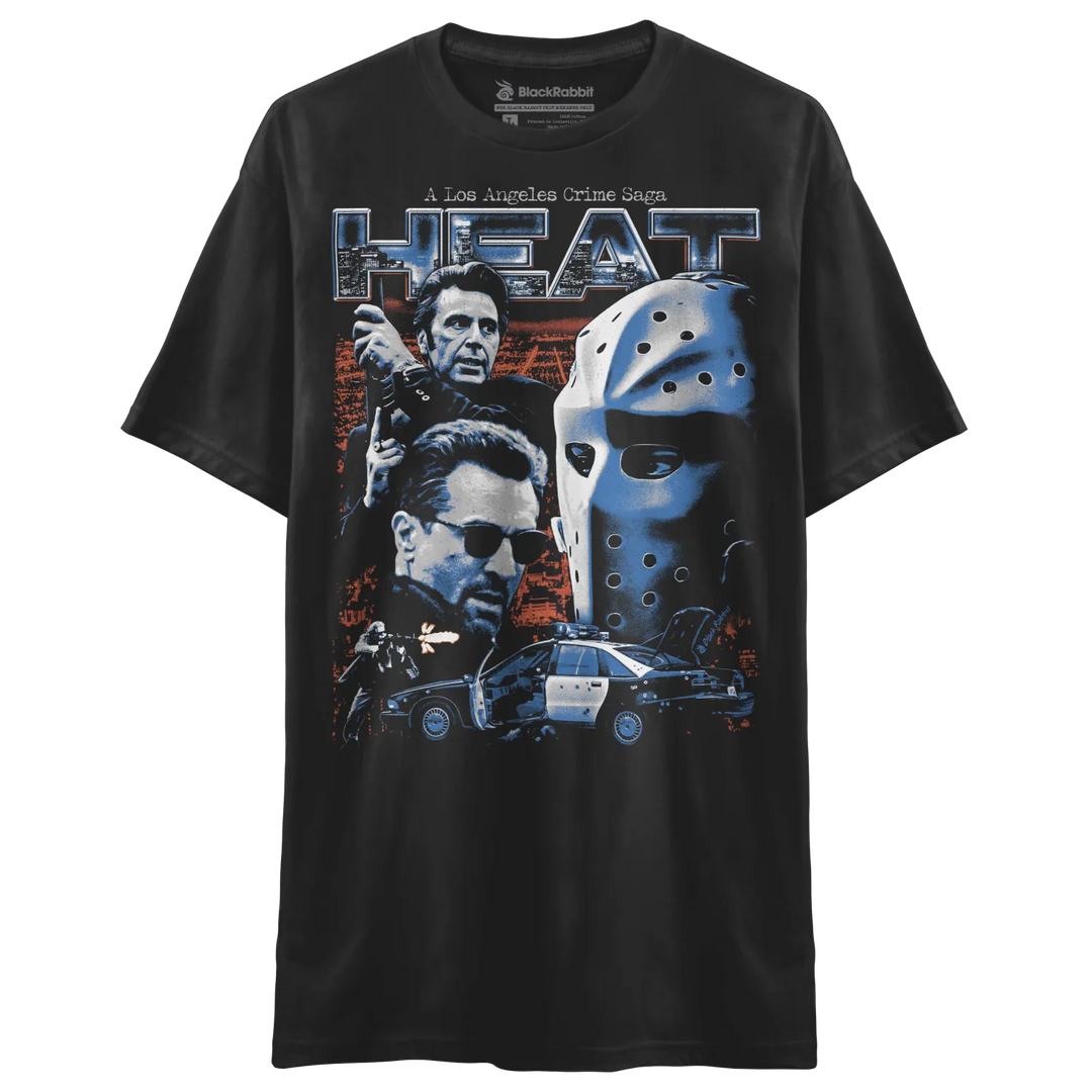 Black graphic t-shirt featuring a movie poster-style design.