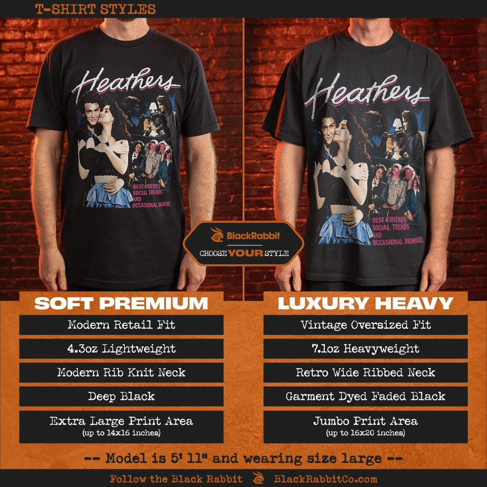 Two men modeling different styles of black ’Heathers’ movie graphic t-shirts.