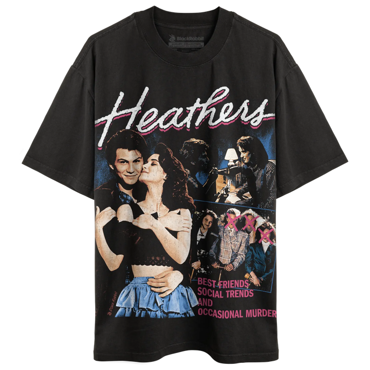 Black t-shirt with a ’Heathers’ movie poster graphic.