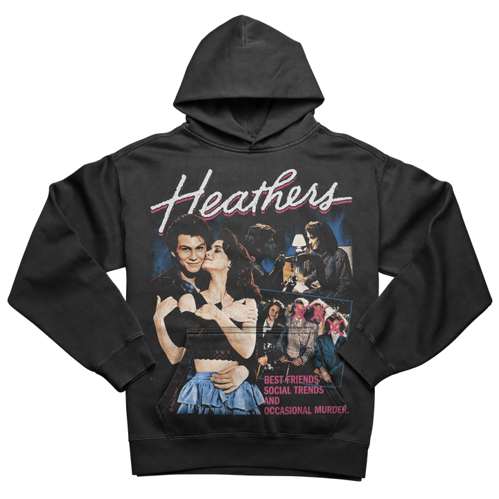 Black hooded sweatshirt with a ’Heathers’ movie graphic print.