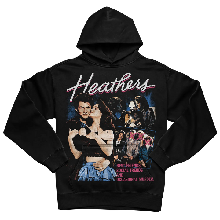 Black hoodie with ’heathers’ graphic and text design.