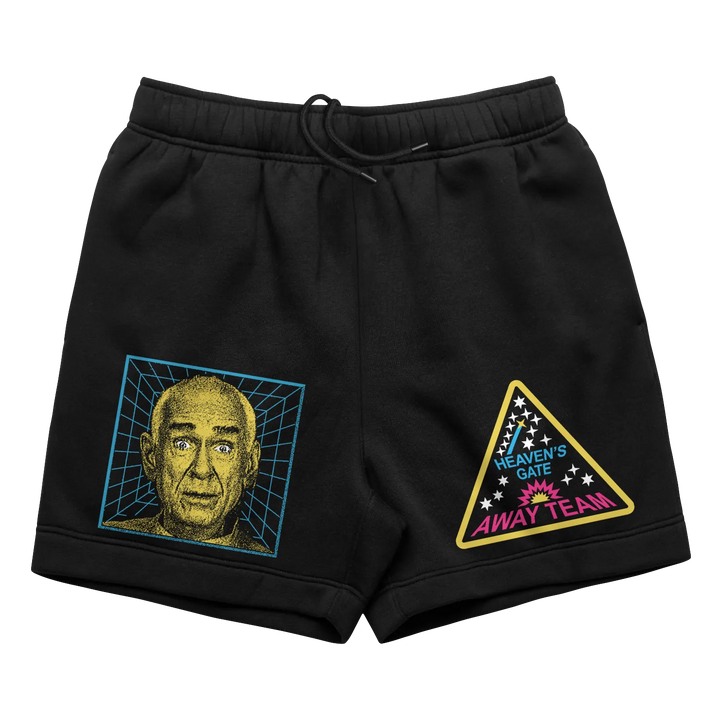 Black shorts with Heaven’s Gate patches.