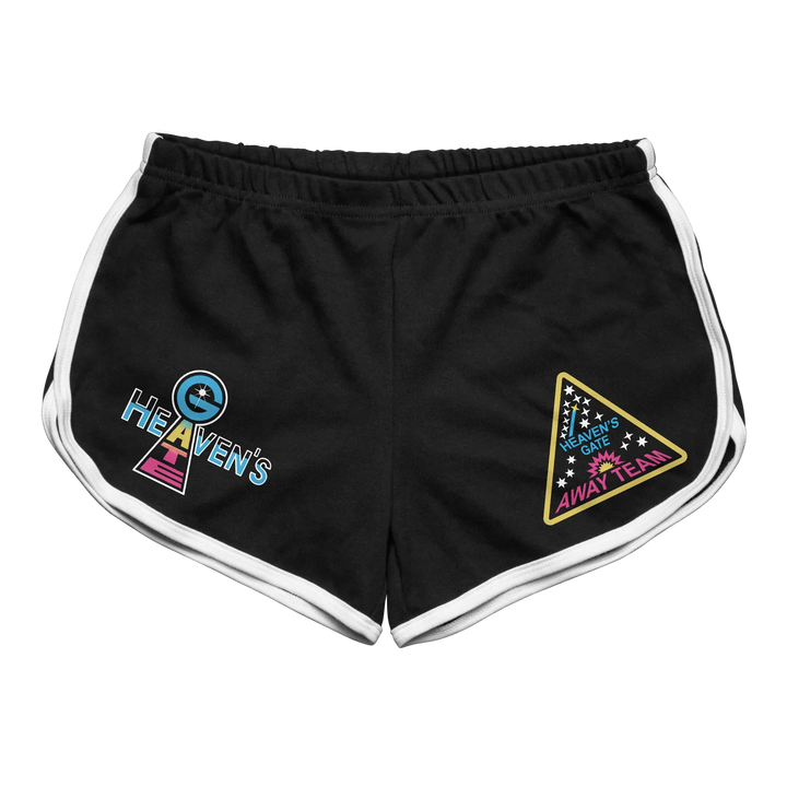 Black athletic shorts with white trim and two colorful embroidered patches featuring ’heaven’s gate’ branding.