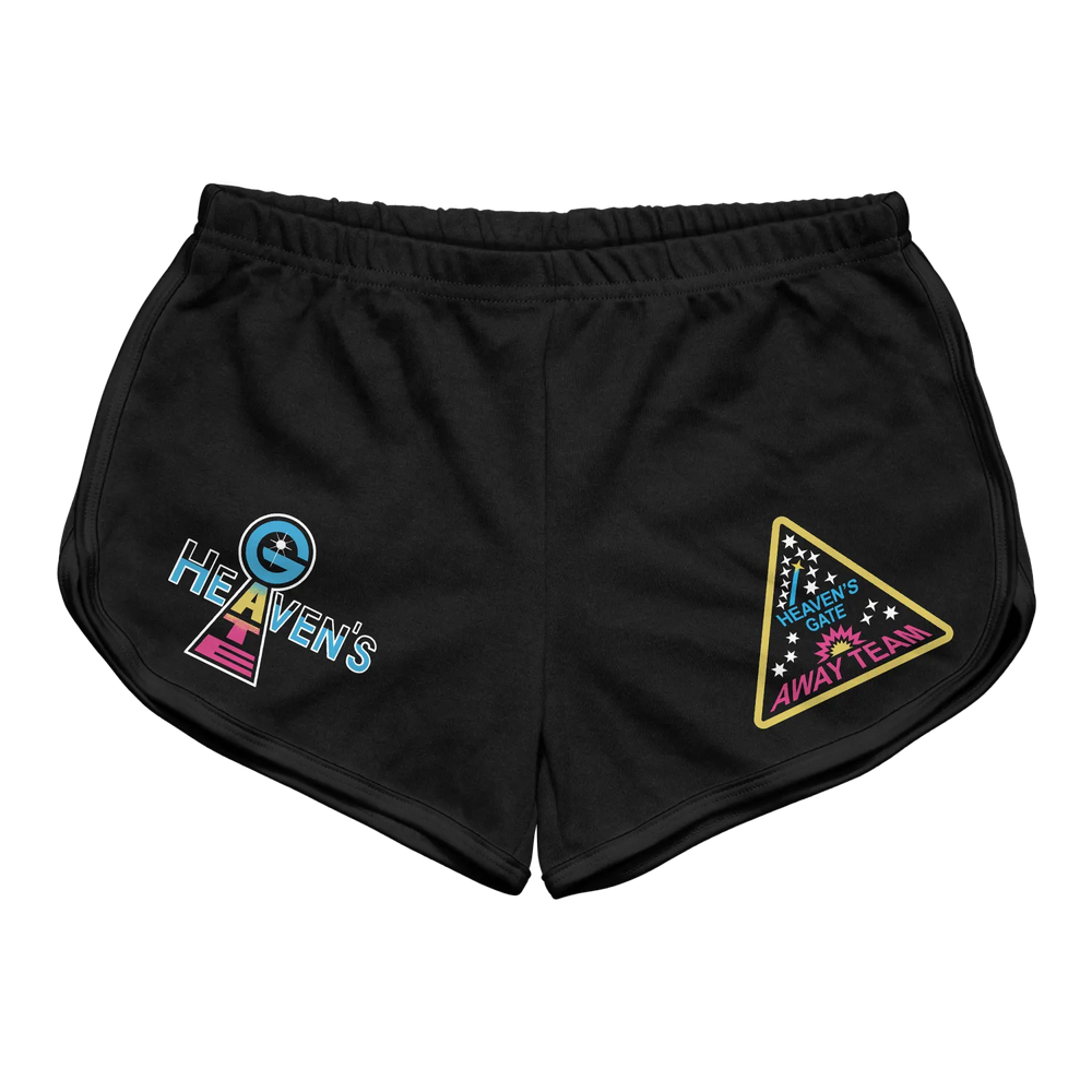 Black athletic shorts featuring colorful ’heaven’s gate’ and ’away team’ patches on the sides.