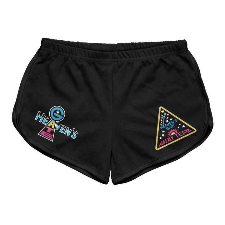 Black athletic shorts featuring colorful ’heaven’s gate’ and ’away team’ patches on the sides.