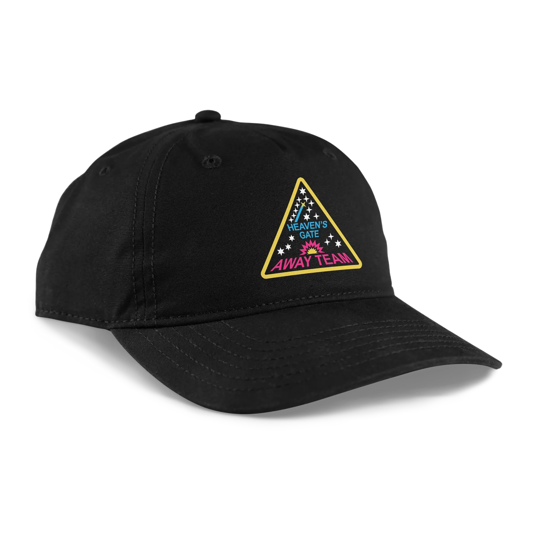Black baseball cap featuring a triangular patch with ’heaven’s gate away team’ embroidered in neon pink, blue, and yellow against a starry background.