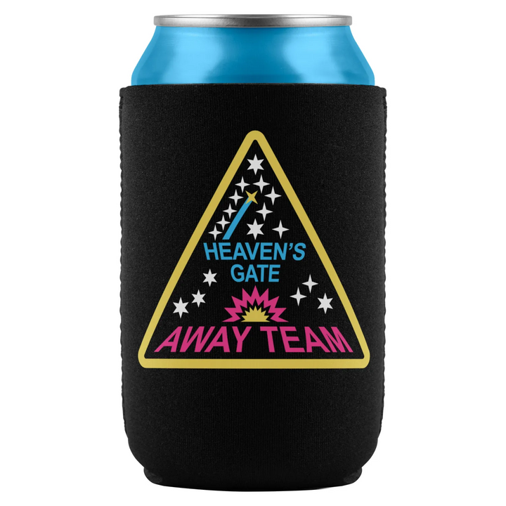 Black can cooler with Heaven’s Gate logo.