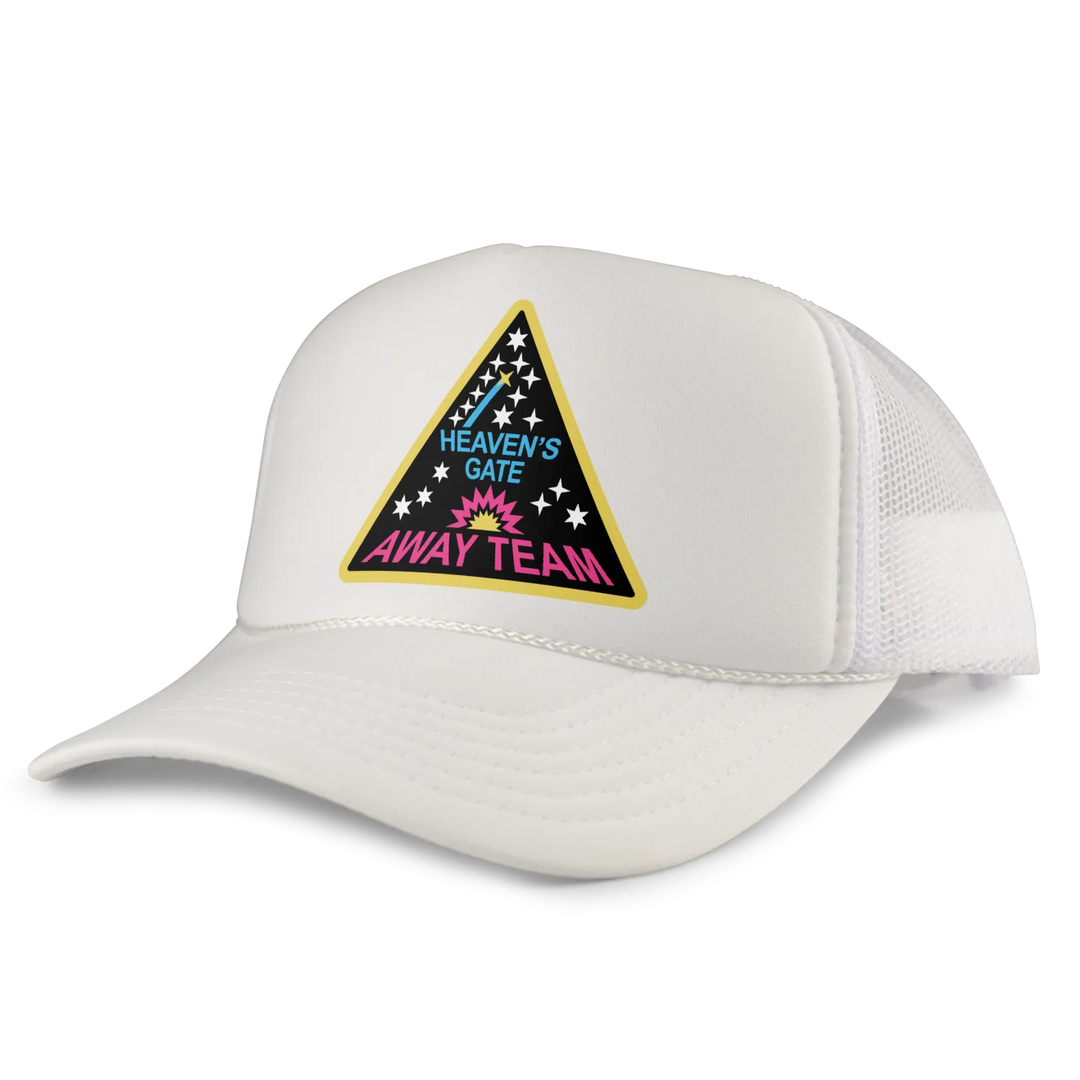 White mesh trucker hat featuring a triangular patch with ’heaven’s gate away team’ in blue and pink text on a black background, bordered by yellow.