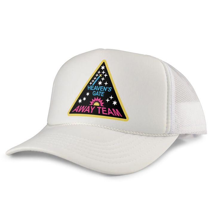 White mesh trucker hat featuring a triangular patch with ’heaven’s gate away team’ in blue and pink text on a black background, bordered by yellow.