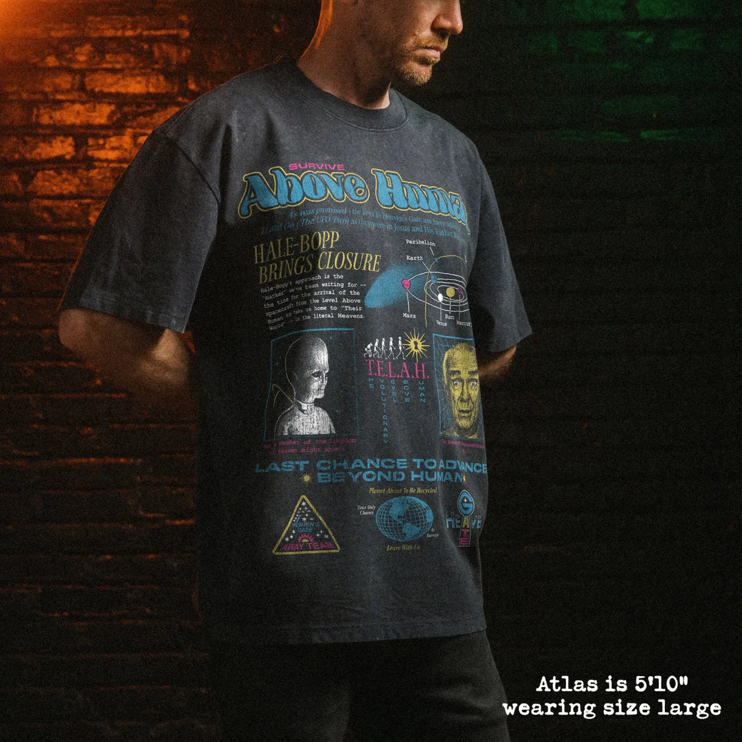 Male model wearing stone wash heavy tee with heavens gate graphic 