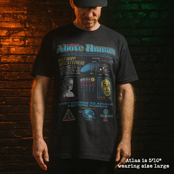 Male model wear soft premium tee with heavens graphic
