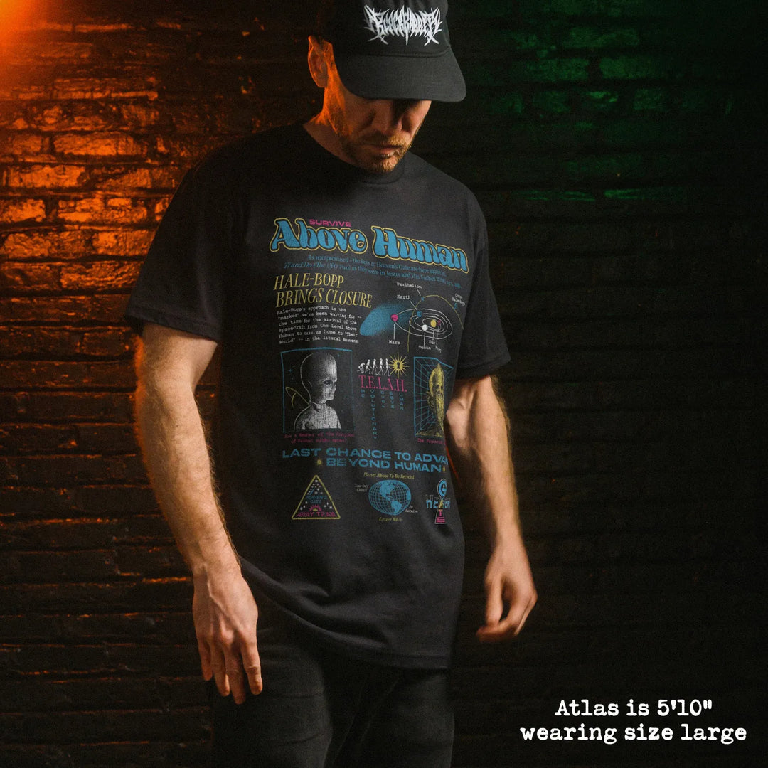 Male model wear soft premium tee with heavens gate graphic
