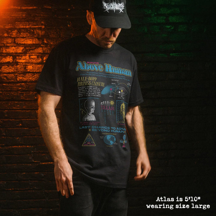 Male model wear soft premium tee with heavens gate graphic
