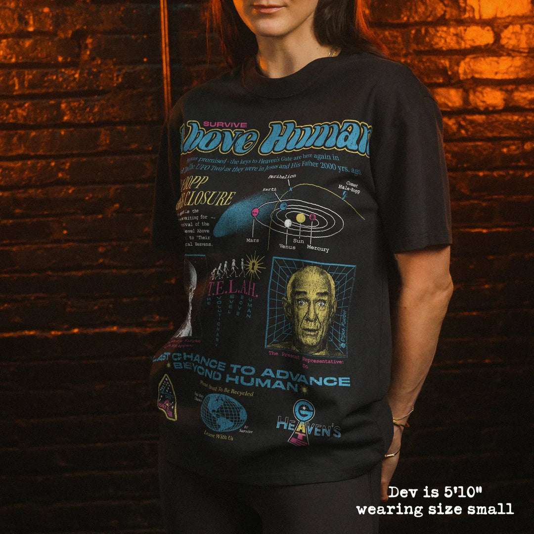 Model wearing heavy tee with heavens gate graphic 