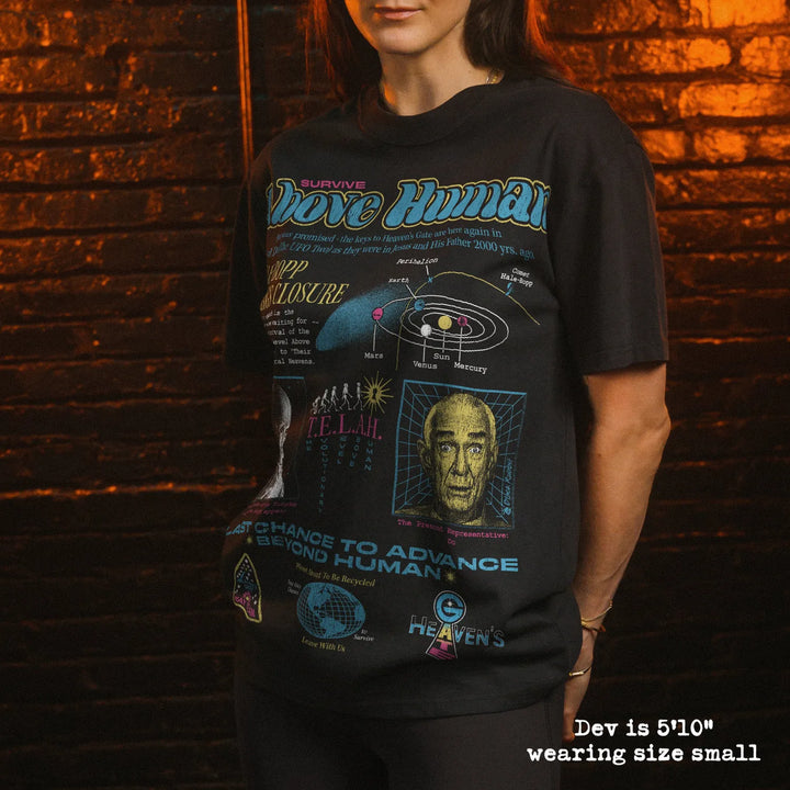 Model wearing heavy tee with heavens gate graphic 