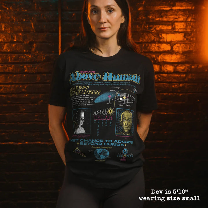 model wear soft premium tee with heavens graphic
