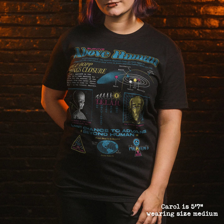 model wear soft premium tee with heavens graphic
