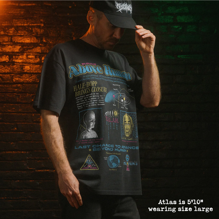 Model wearing heavy tee with heavens gate graphic 