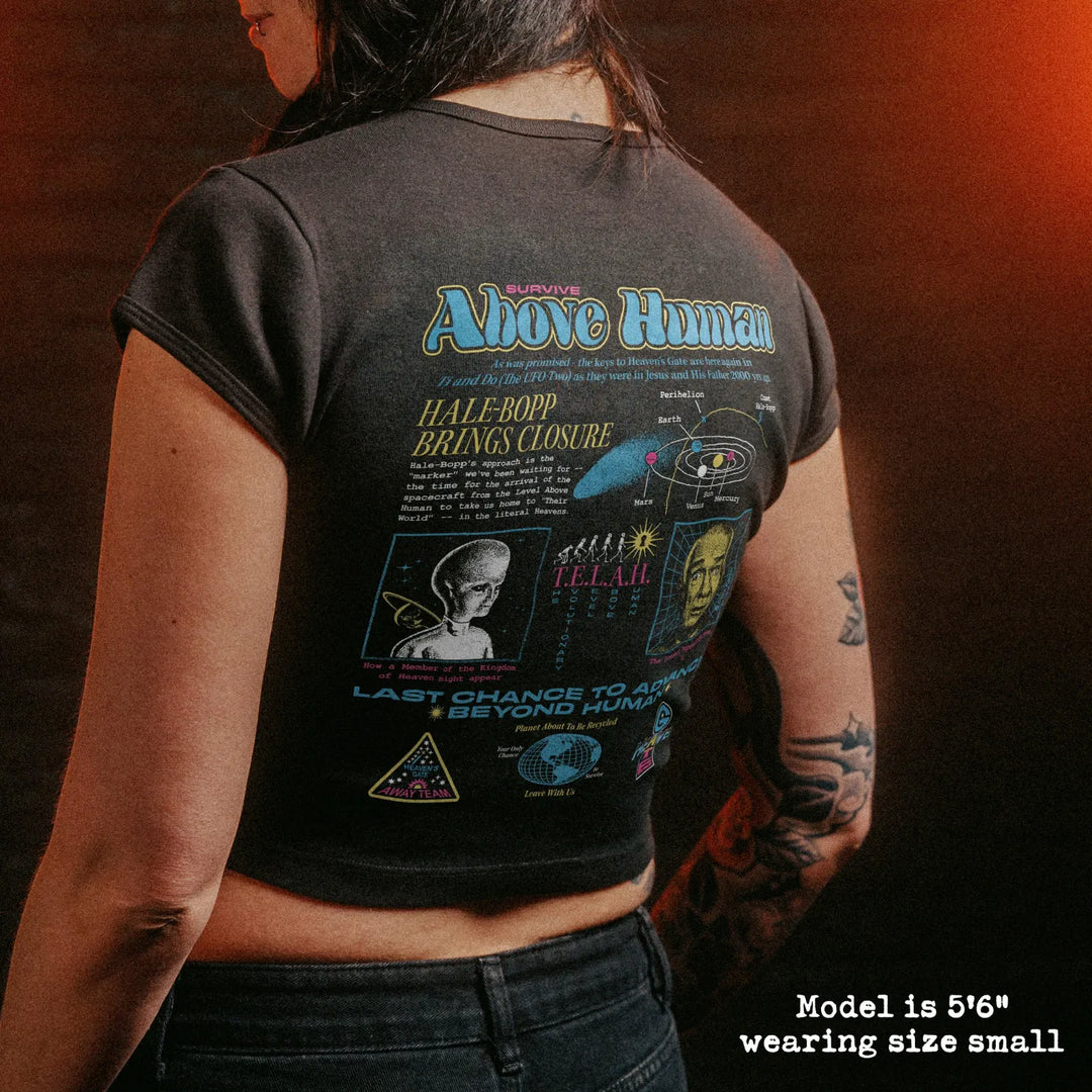 Female model wearing cropped baby tee with heaven&