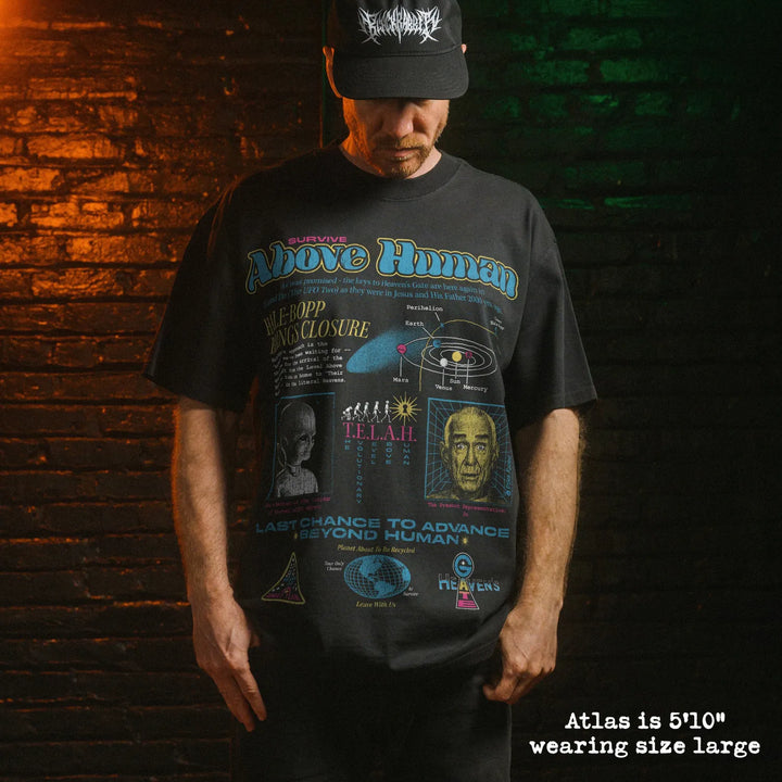 Model wearing heavy tee with heavens gate graphic 