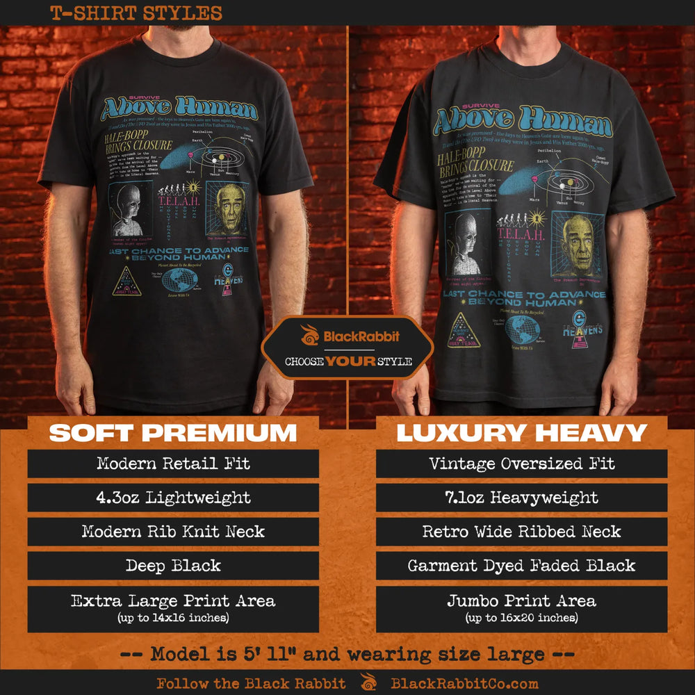 Two black t-shirts, one with a modern retail fit and another with a vintage oversized fit, both featuring a ’Above Human’ graphic design.