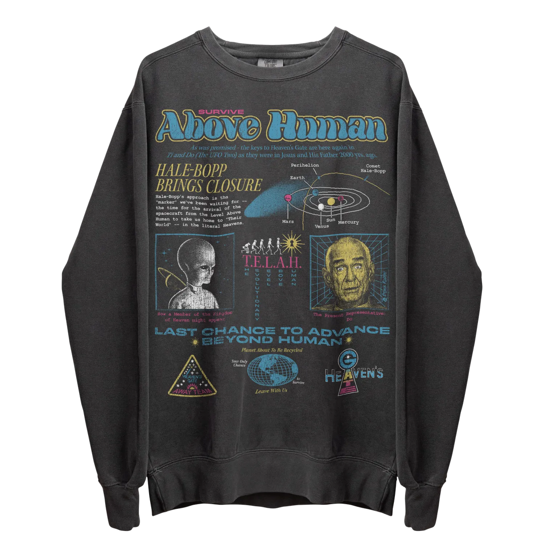 Dark grey long-sleeved crewneck sweatshirt with a colorful graphic design on the front.