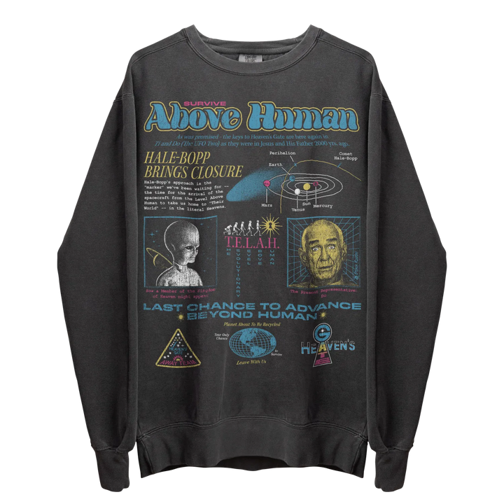 Dark grey long-sleeved crewneck sweatshirt with a colorful graphic design on the front.