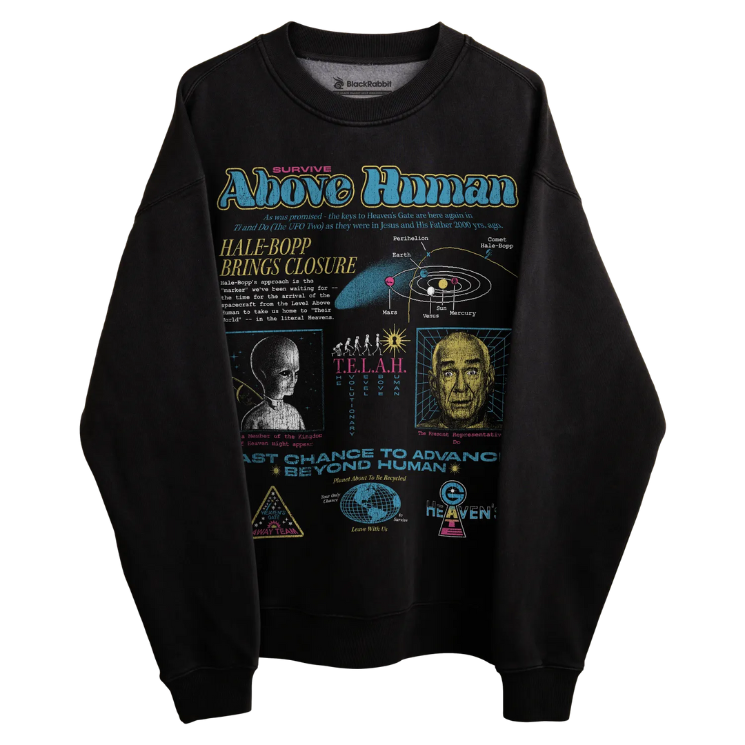 Black sweatshirt with colorful graphic design featuring space and celestial imagery, including a depiction of the hale-bopp comet.