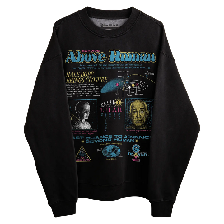 Black sweatshirt with colorful graphic design featuring space and celestial imagery, including a depiction of the hale-bopp comet.