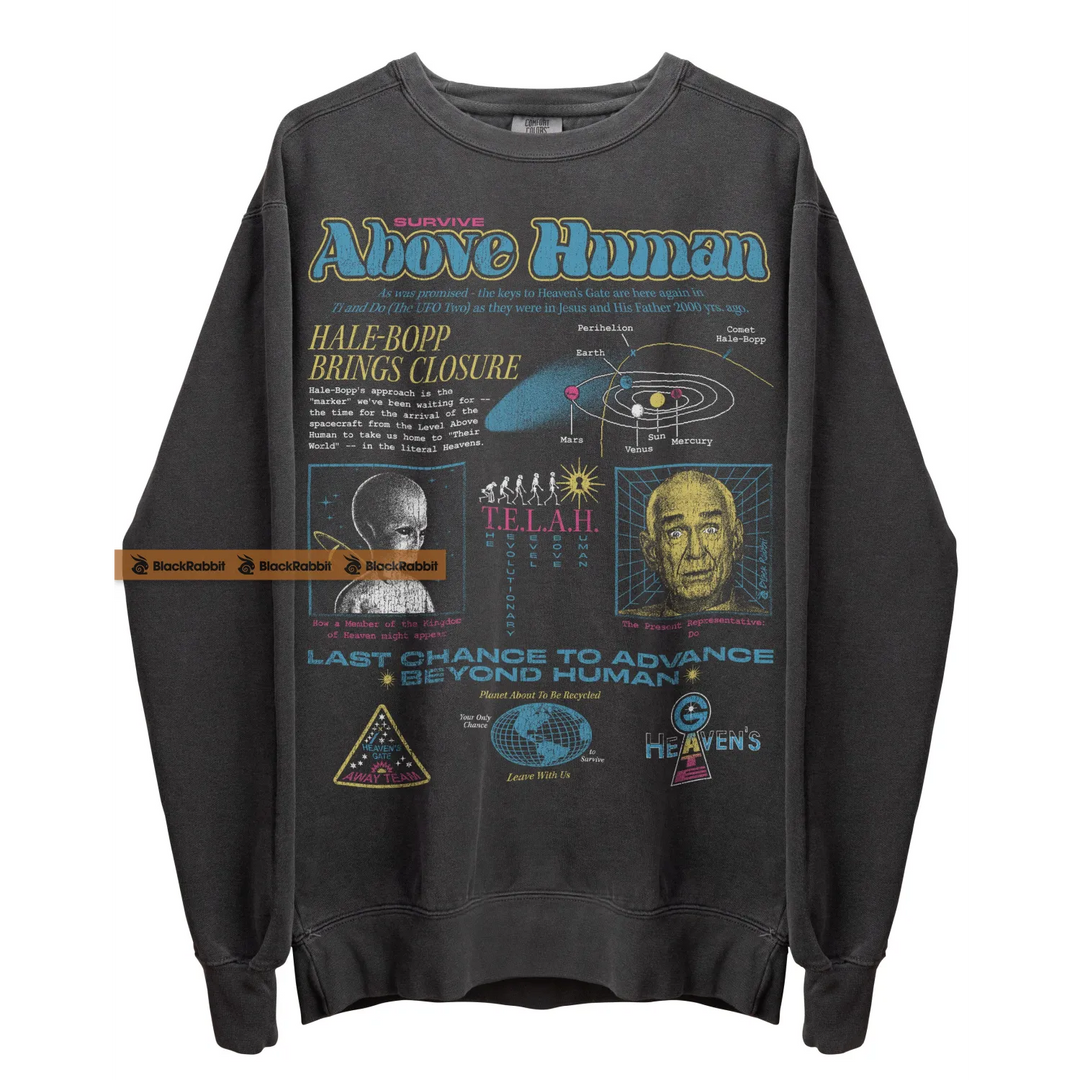 Gray sweatshirt with alien conspiracy graphics.