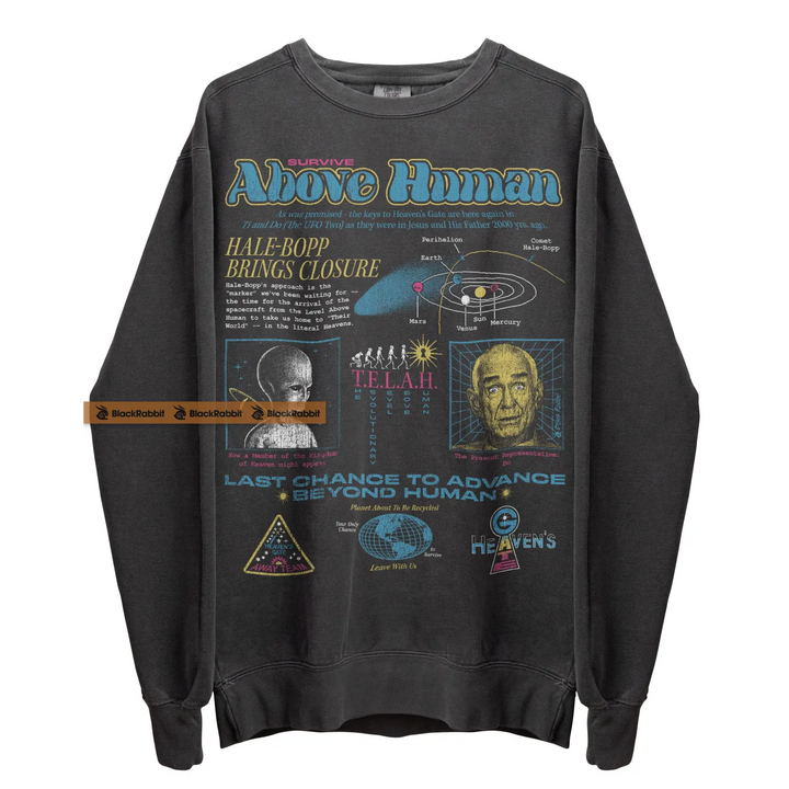 Gray sweatshirt with alien conspiracy graphics.