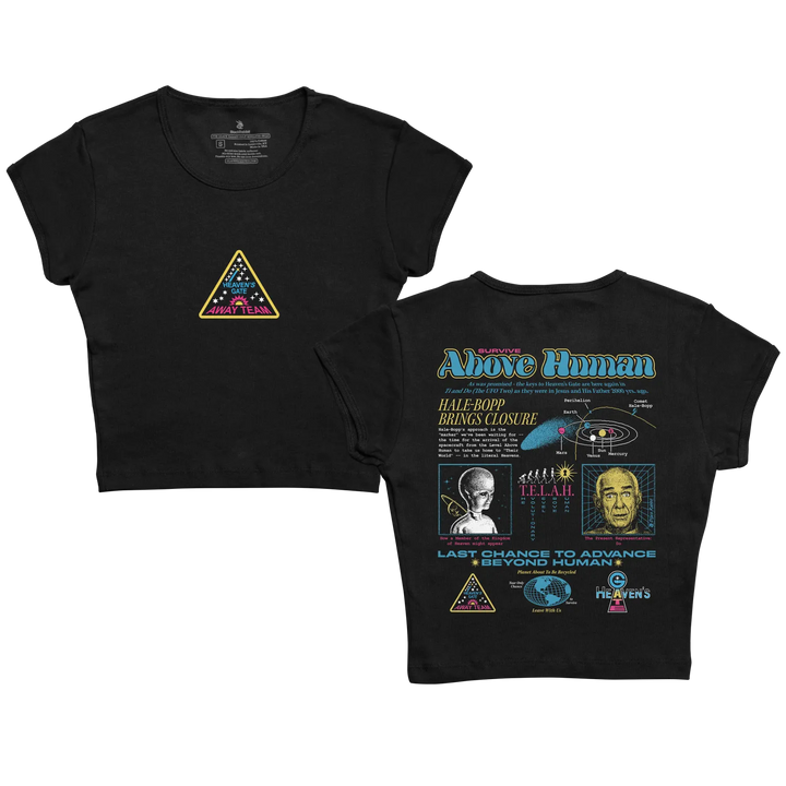 Black cropped t-shirt featuring a detailed graphic design with cosmic and alien themes, including text like ’above human’ and illustrations of an astronaut, the hubble telescope, and a man’s face.