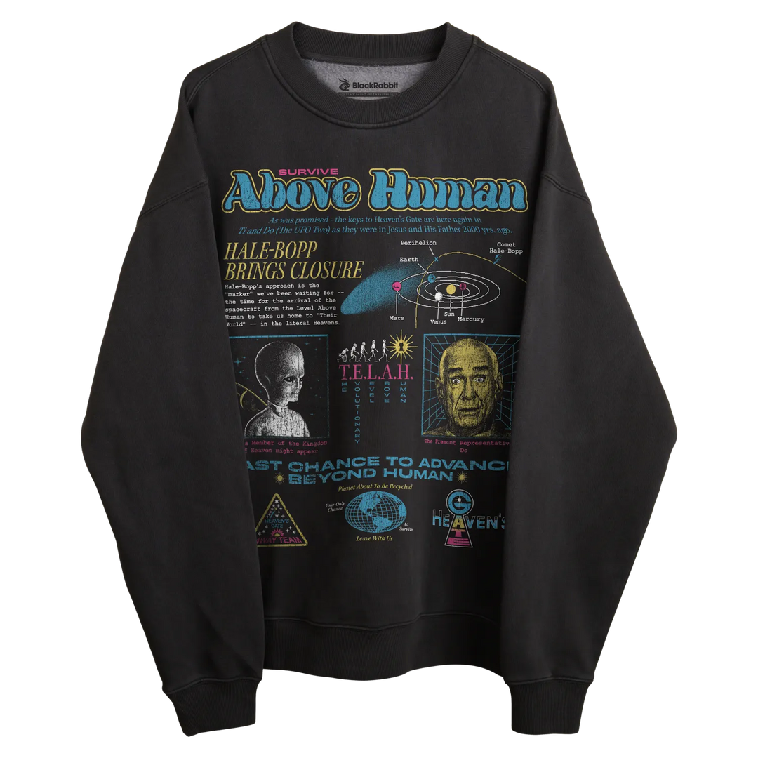 Black sweatshirt with colorful graphic design featuring science and space themes.