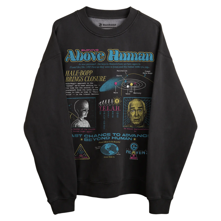 Black sweatshirt with colorful graphic design featuring science and space themes.