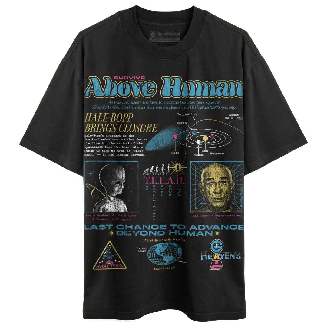 Black short-sleeved t-shirt with a colorful graphic design featuring space, aliens, and text.