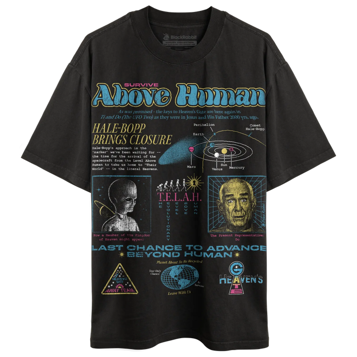Black short-sleeved t-shirt with a colorful graphic design featuring space, aliens, and text.