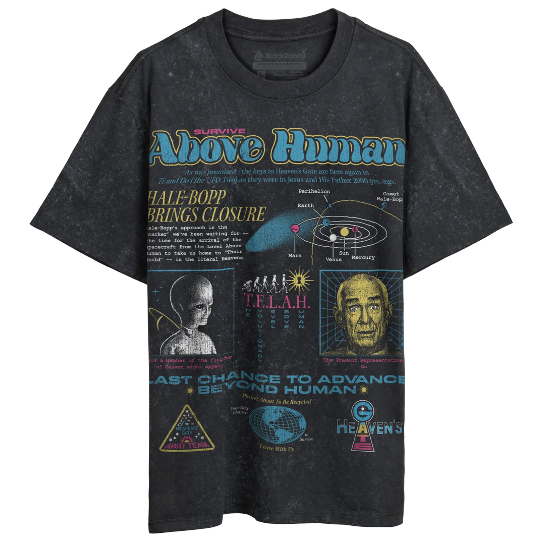 Dark gray, distressed-look t-shirt with a cosmic and cult-themed graphic print.